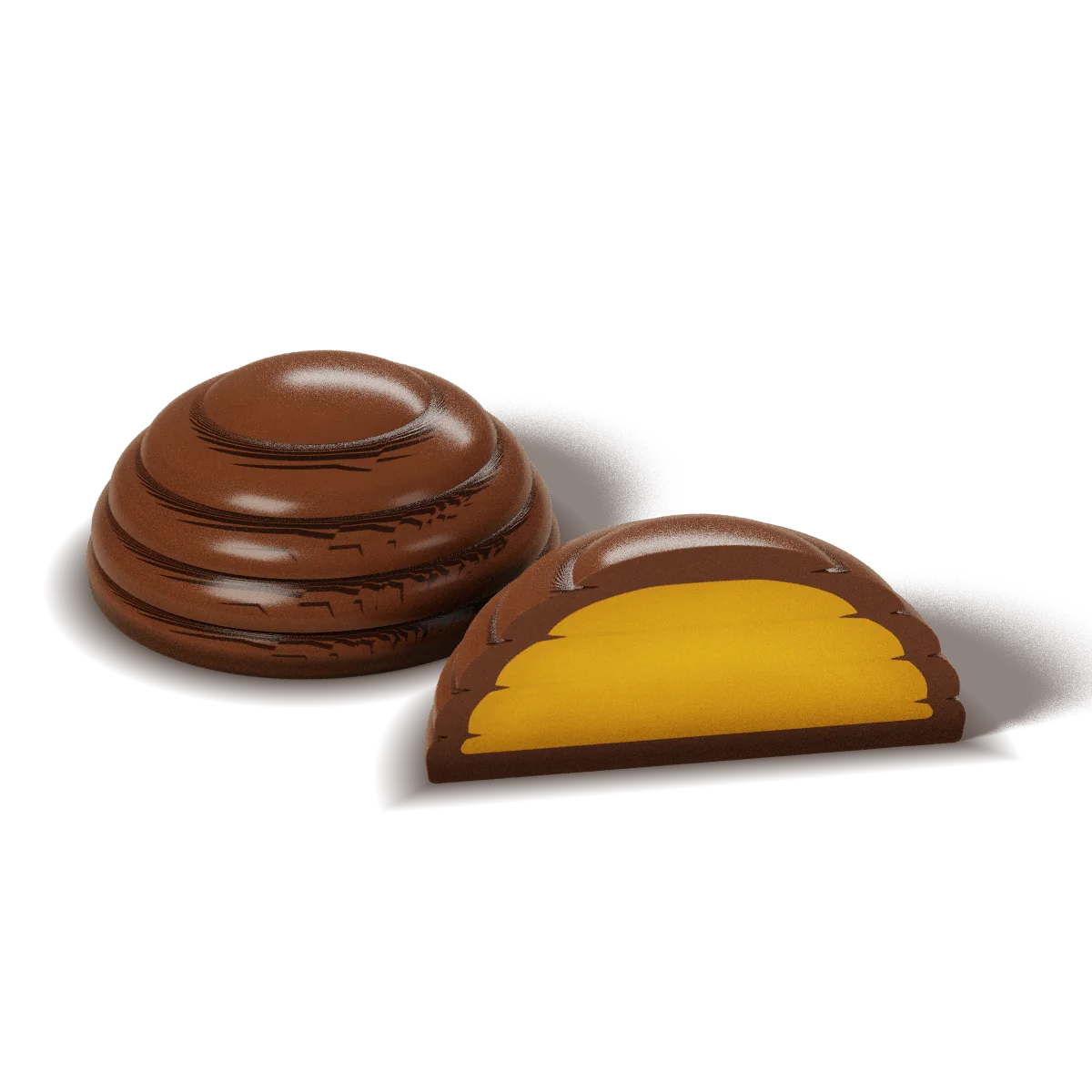 Banana Caramel Ganache chocolate with a milk chocolate shell, whole and cut open to show the filling