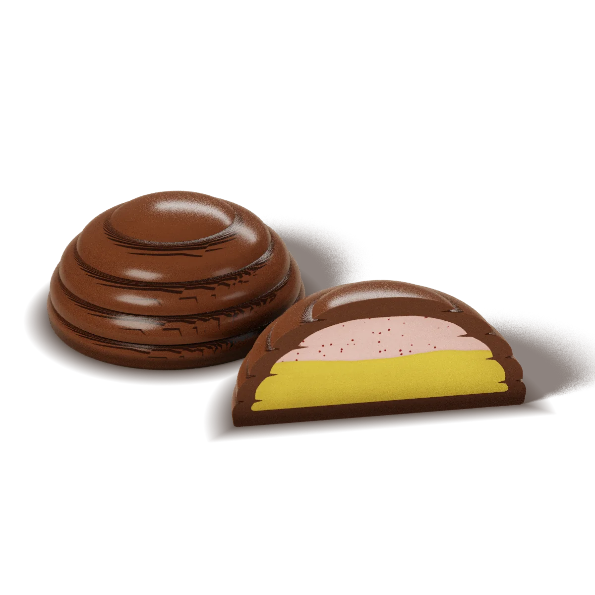 Banana Split chocolate with a milk chocolate shell, whole and cut open to show the filling