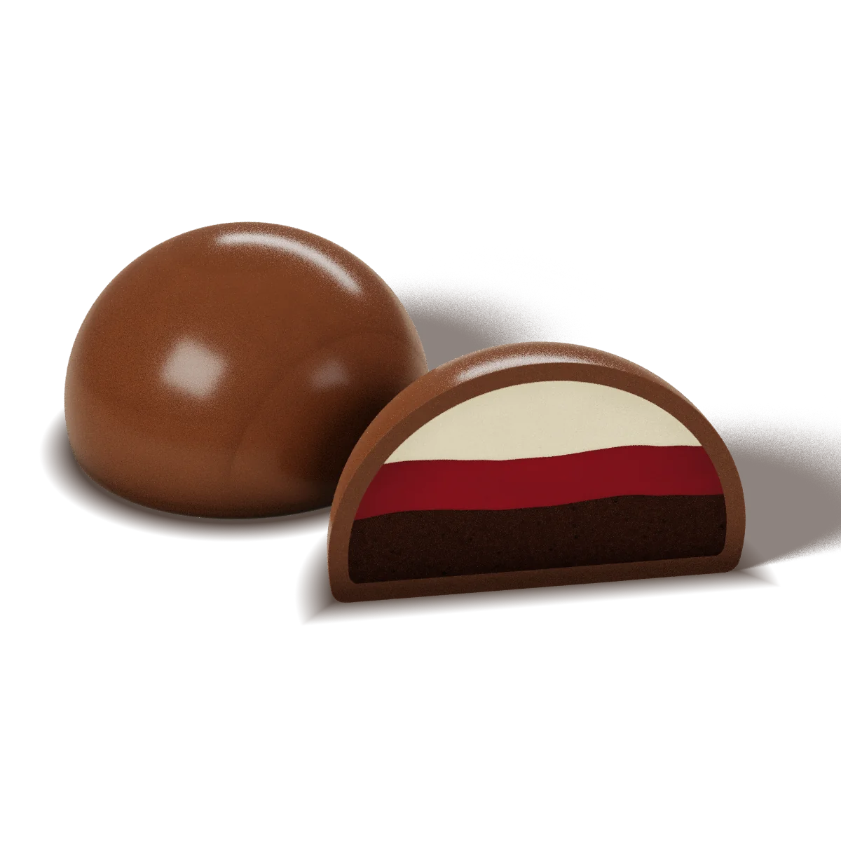 Black Forest chocolate with a milk chocolate shell, whole and cut open to show the filling