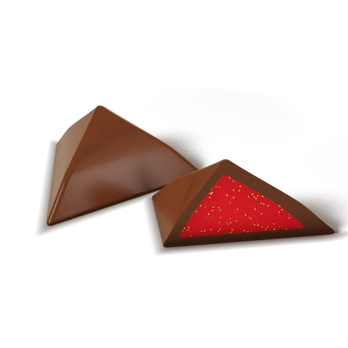 Boozy Strawberry chocolate with a milk chocolate shell, whole and cut open to show the filling