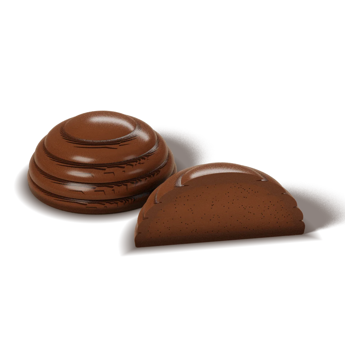Dark Coffee Cream chocolate with a milk chocolate shell, whole and cut open to show the filling