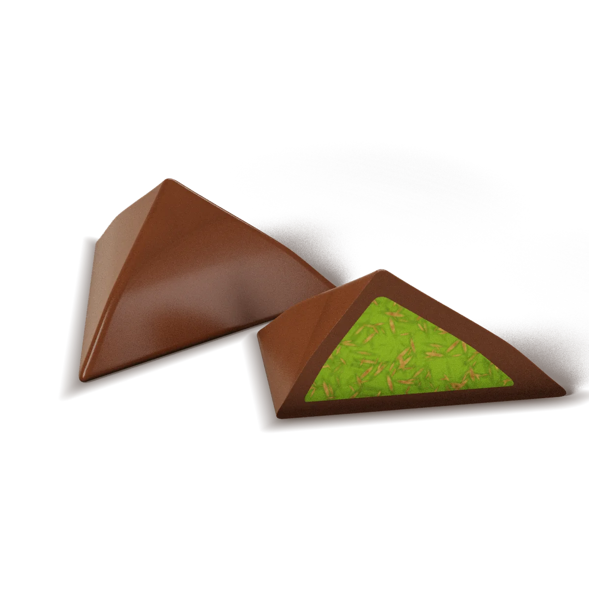 Dubai Chocolate piece cut open to show pistachio ganache with kataifi