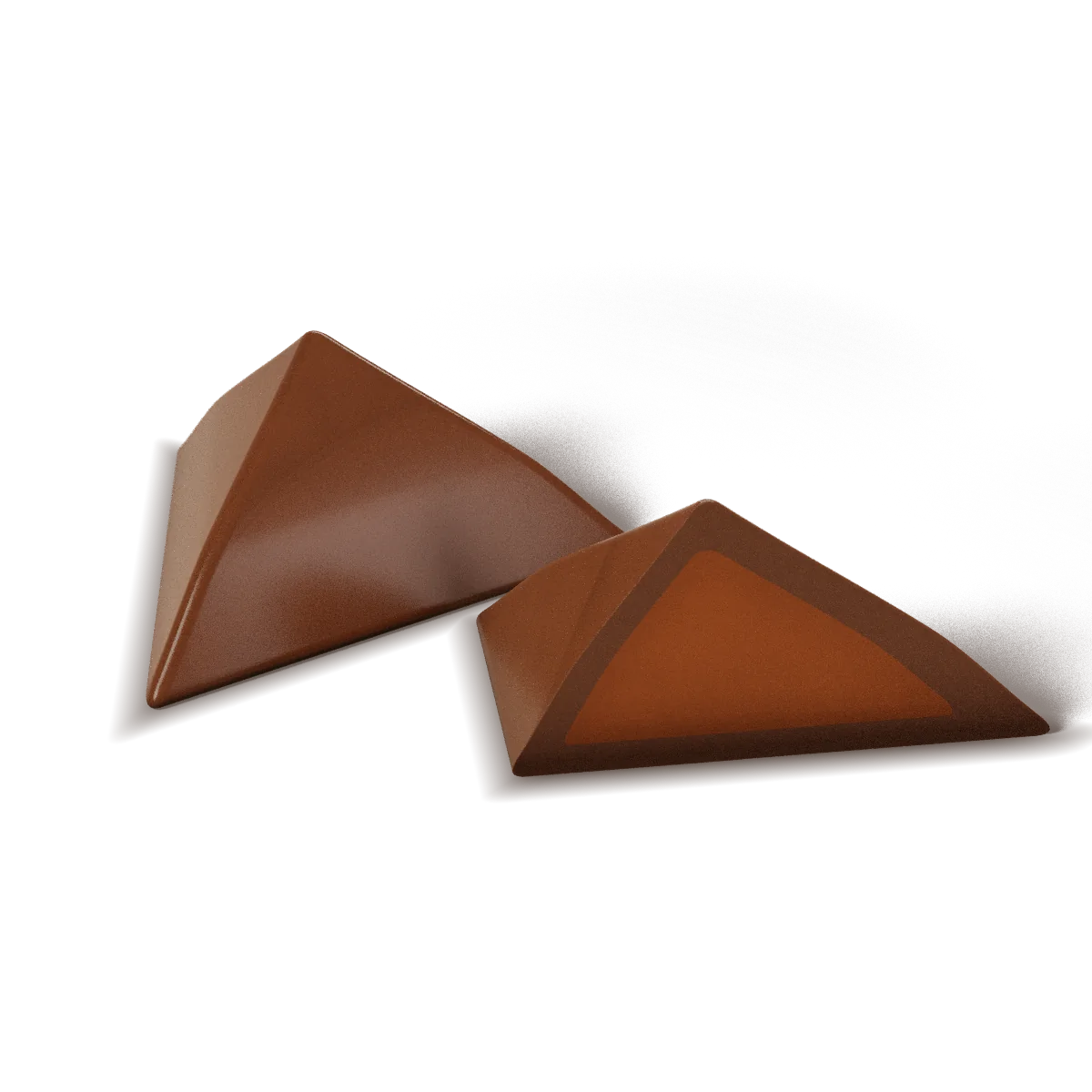 Gianduja chocolate with a milk chocolate shell, whole and cut open to show the filling