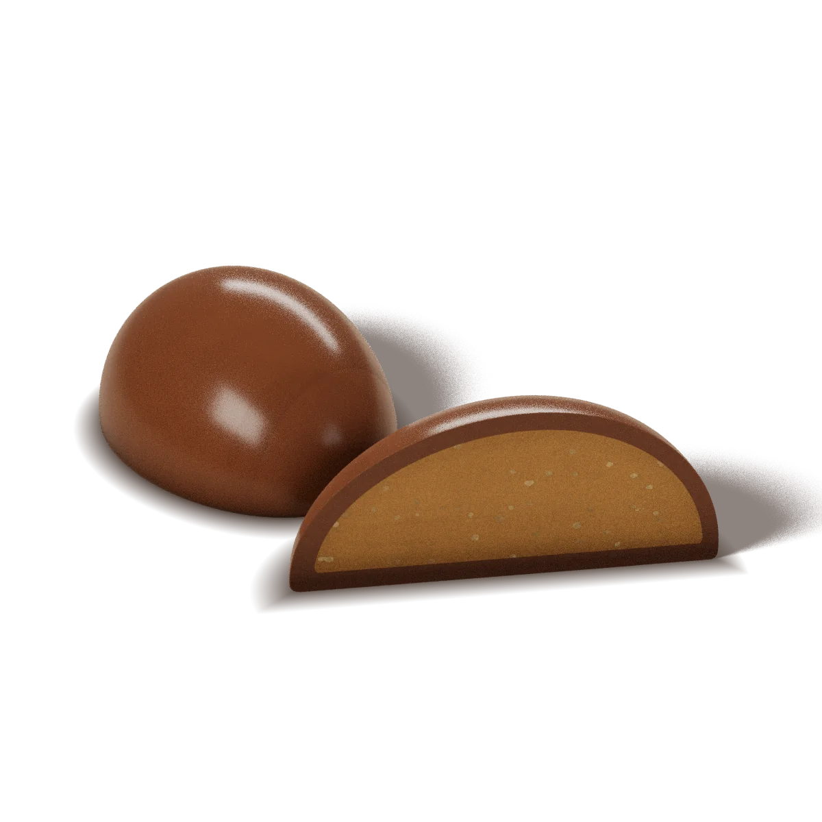 Hazelnut Almond Praline chocolate with a milk chocolate shell, whole and cut open to show the filling