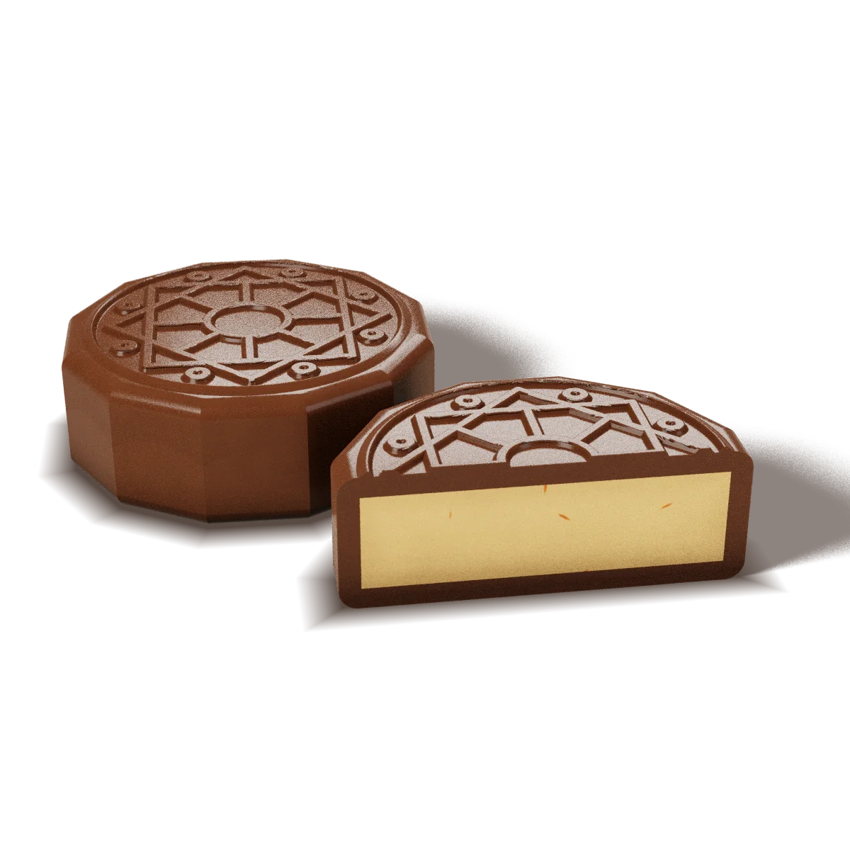 Kulfi chocolate with a milk chocolate shell, whole and cut open to show the filling
