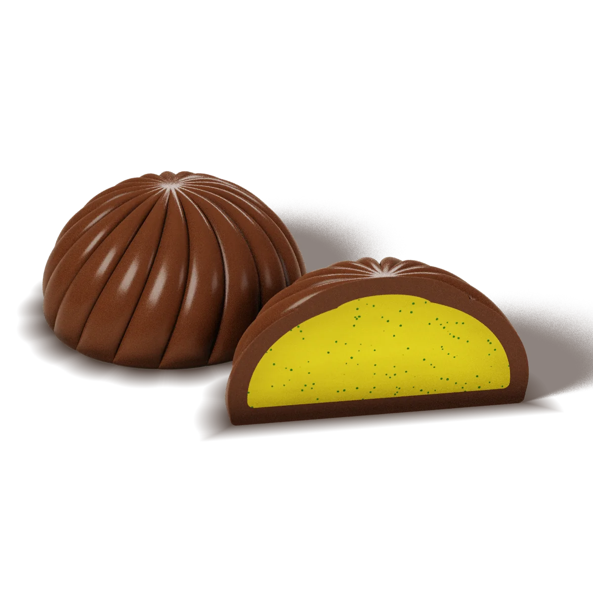 Lemon Basil chocolate with a milk chocolate shell, whole and cut open to show the filling