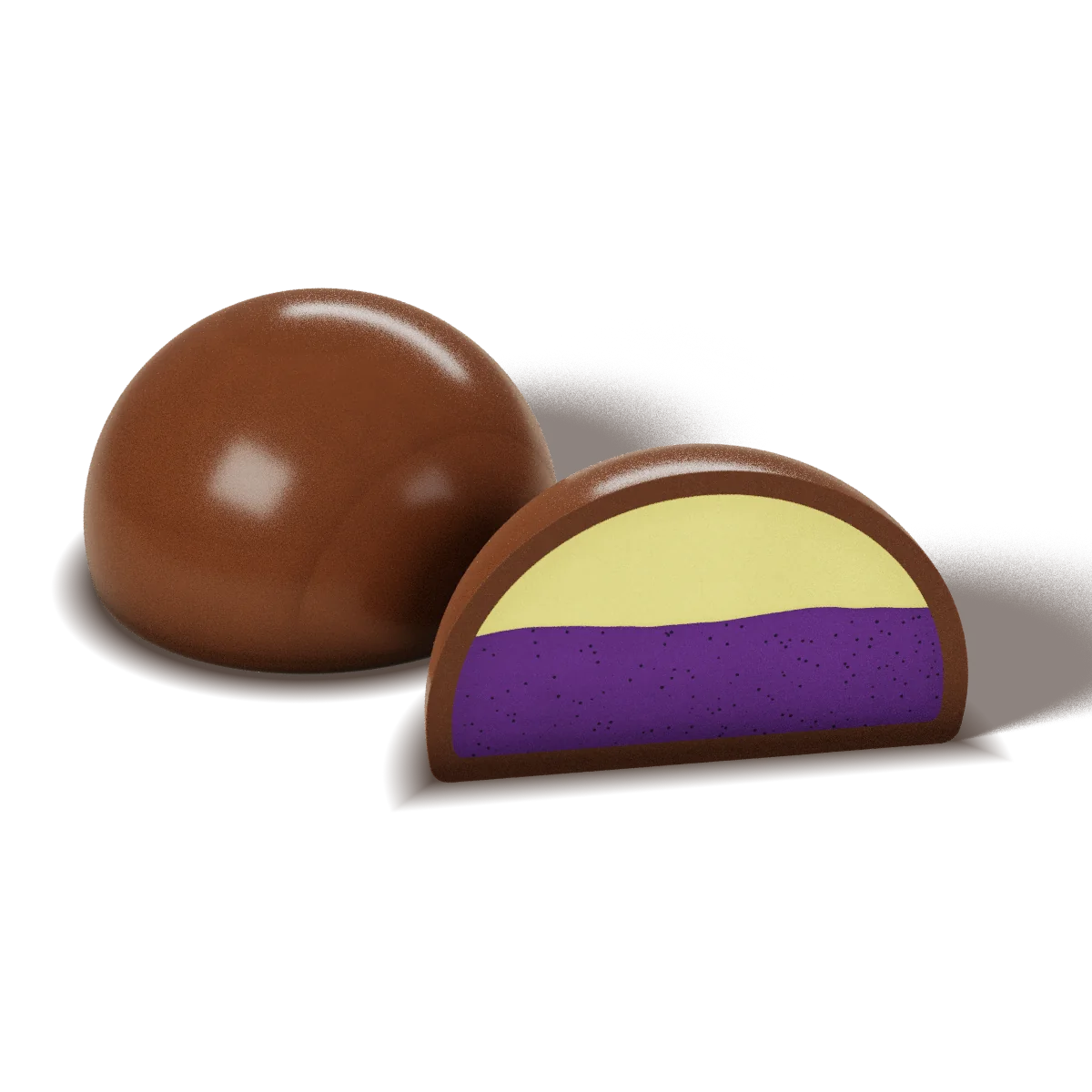 Lemon Blueberry chocolate with a milk chocolate shell, whole and cut open to show the filling