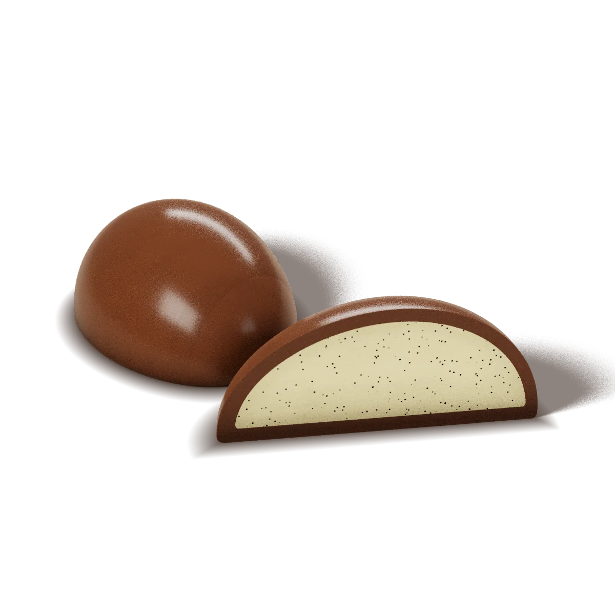 Madagascar Vanilla chocolate with a milk chocolate shell, whole and cut open to show the filling