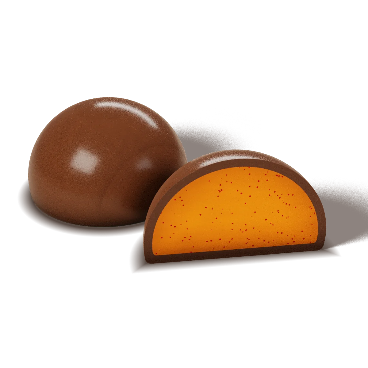 Mango Chilli chocolate with a milk chocolate shell, whole and cut open to show the filling