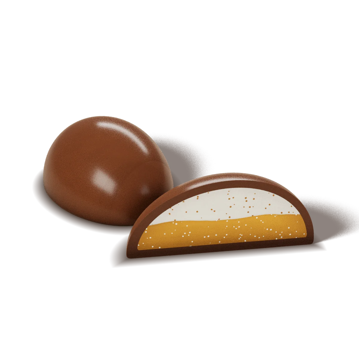 Nakel Naru chocolate with a milk chocolate shell, whole and cut open to show the filling