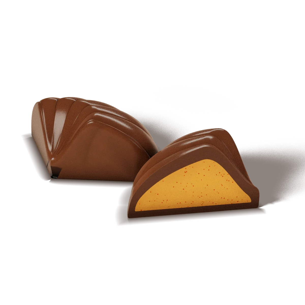 Orange Cream chocolate with a milk chocolate shell, whole and cut open to show the filling