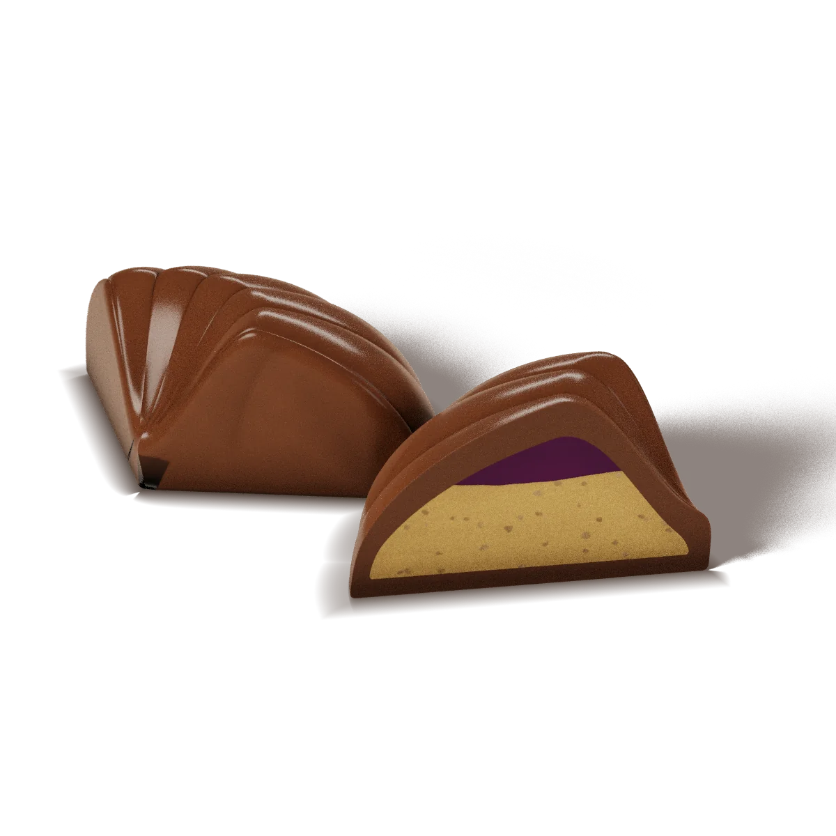 Peanut Butter Jelly chocolate with a milk chocolate shell, whole and cut open to show the filling