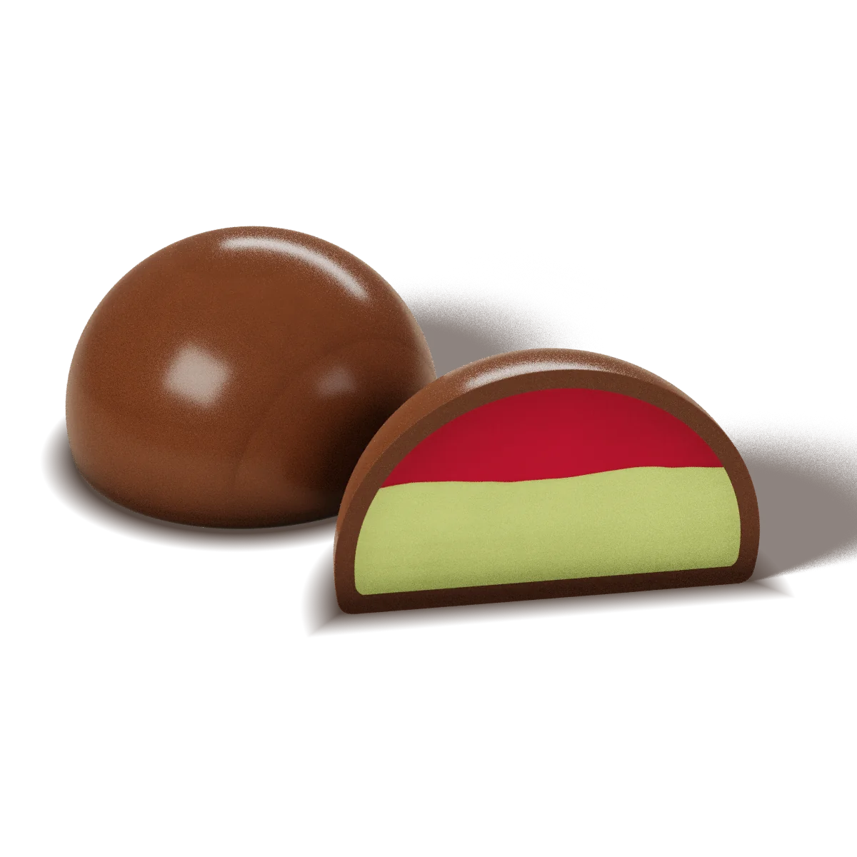 Pista Berry chocolate with a milk chocolate shell, whole and cut open to show the filling
