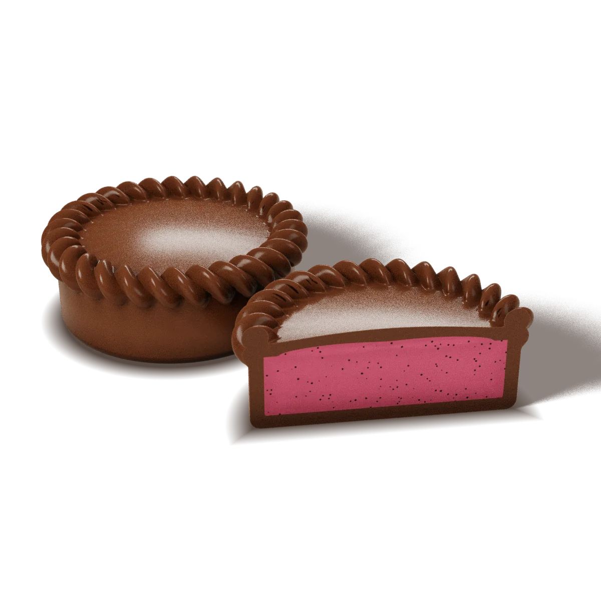 Raspberry Earl Grey chocolate with a milk chocolate shell, whole and cut open to show the filling