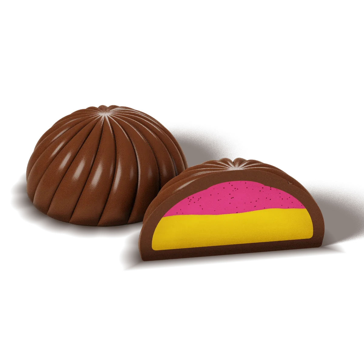 Raspberry Mango chocolate with a milk chocolate shell, whole and cut open to show the filling