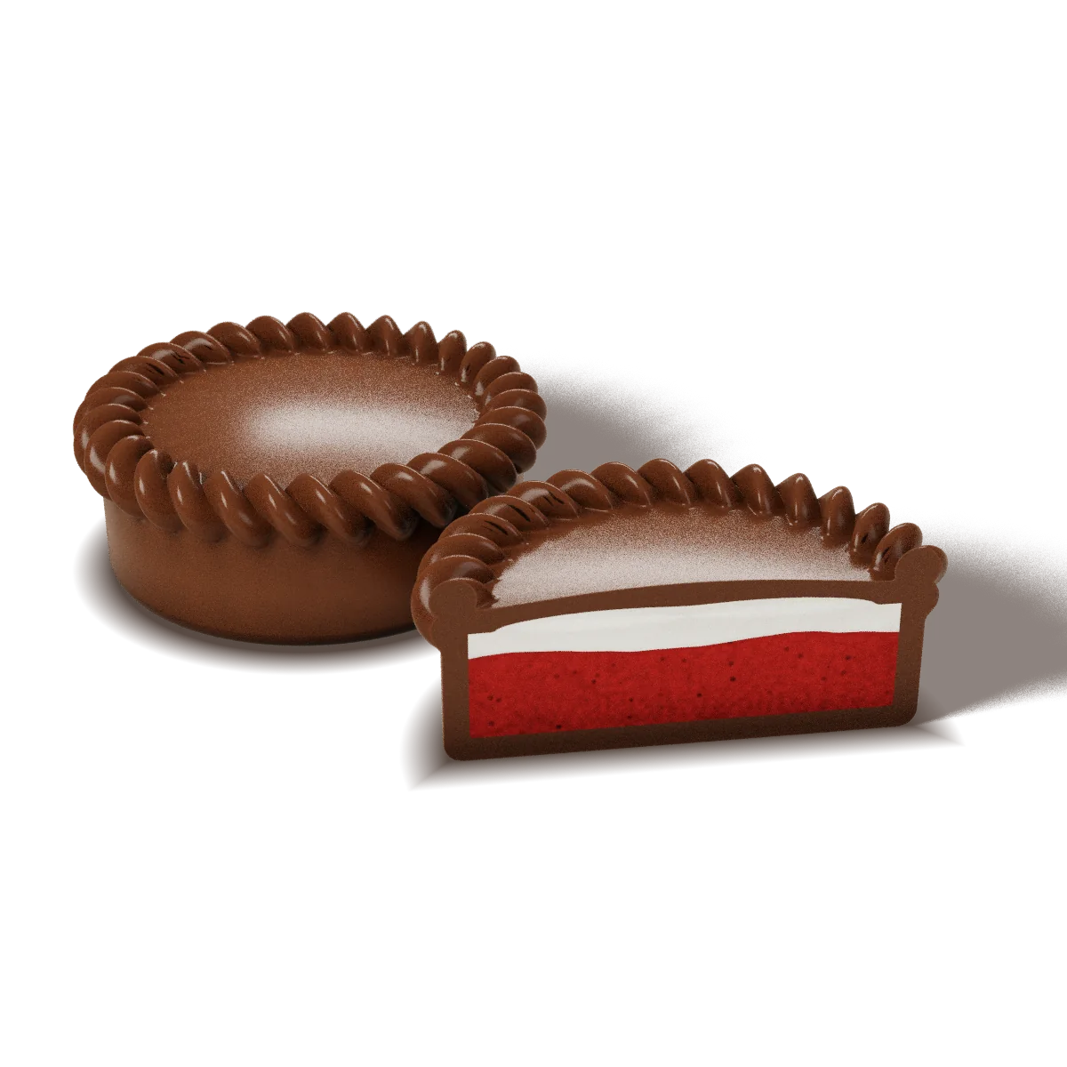 Red Velvet chocolate with a milk chocolate shell, whole and cut open to show the filling