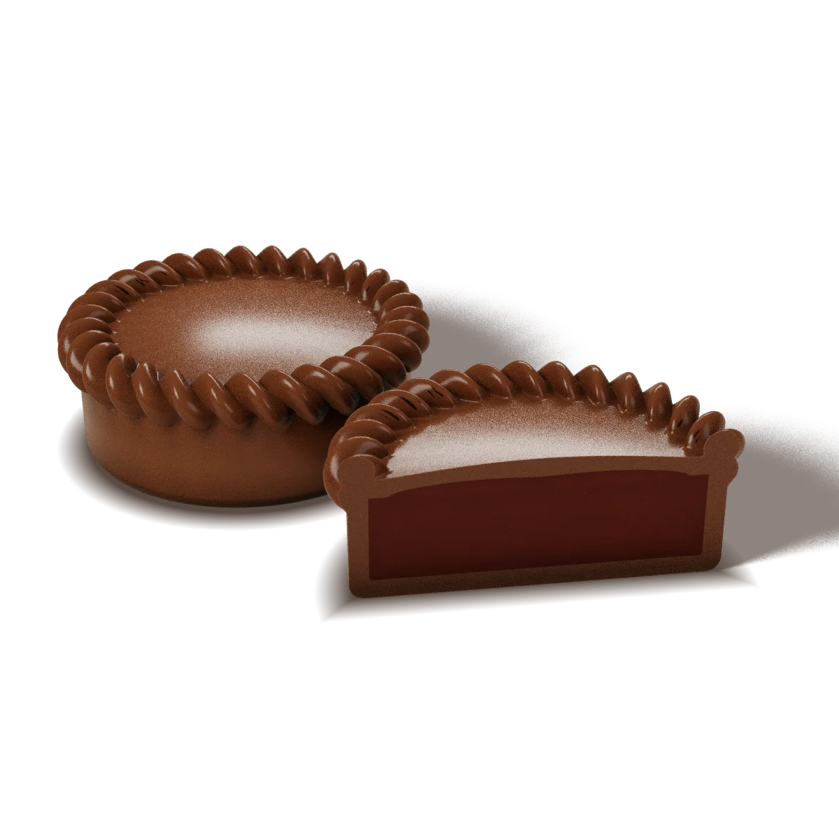 Rum Ganache chocolate with a milk chocolate shell, whole and cut open to show the filling