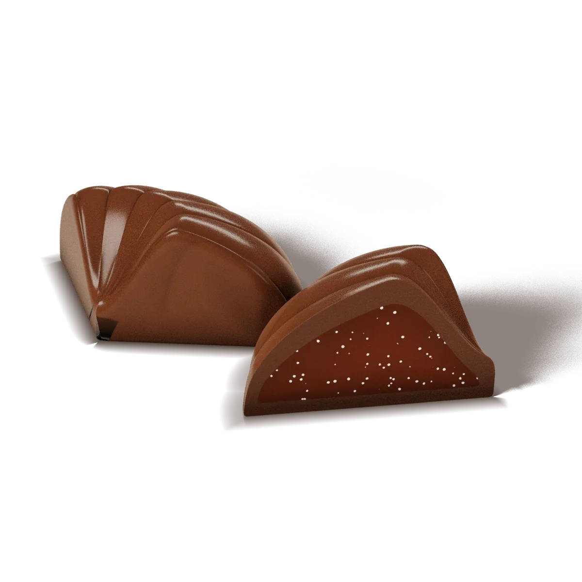 Salted Coffee Caramel Ganache chocolate with a milk chocolate shell, whole and cut open to show the filling