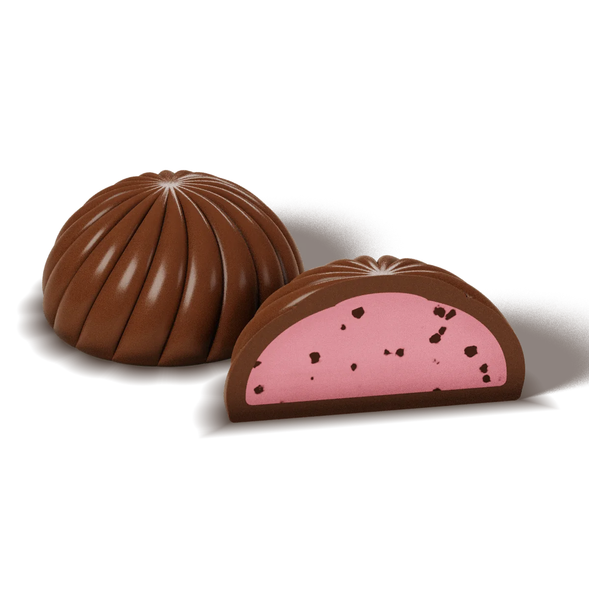 Strawberry Cream chocolate with a milk chocolate shell, whole and cut open to show the filling