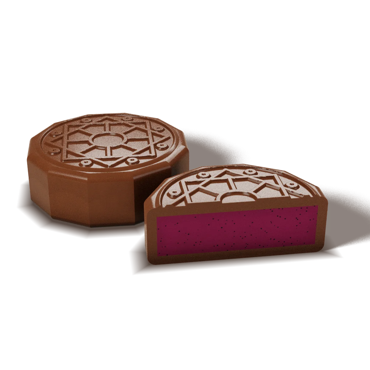 Very Berry chocolate with a milk chocolate shell, whole and cut open to show the filling