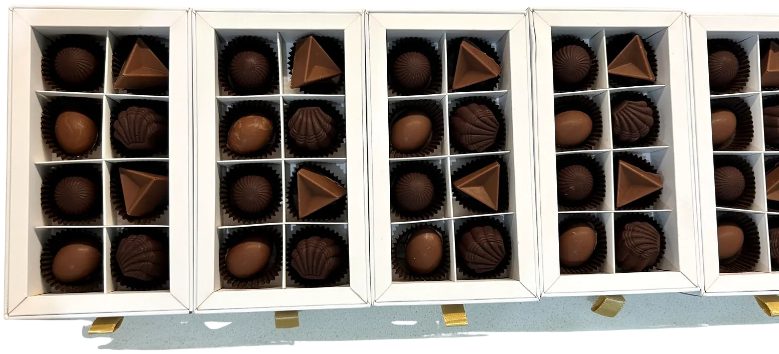 Five open Cioccolato Aurea gift boxes in a row, each with eight handmade filled chocolates